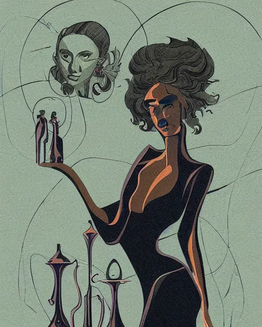 Image similar to retro dark vintage sci - fi. 2 d matte dark gouache illustration in a mystical style. a woman in a river holding two vases. symmetrical face.