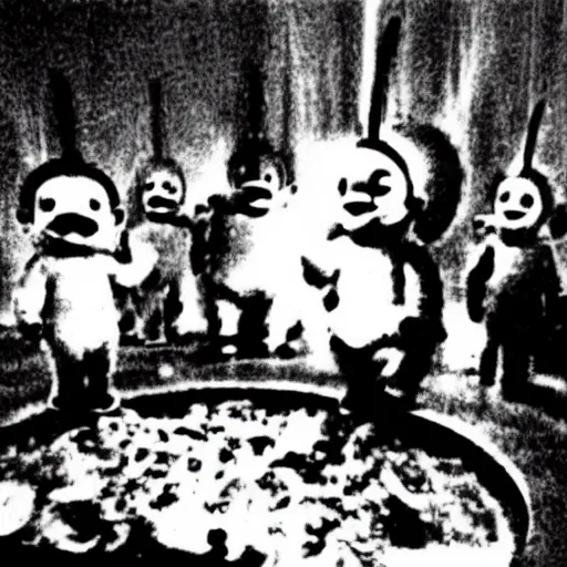 Prompt: A grainy surveillance photo of a cult of Teletubbies sacrificing a brine shrimp to Odin, the Norse god.