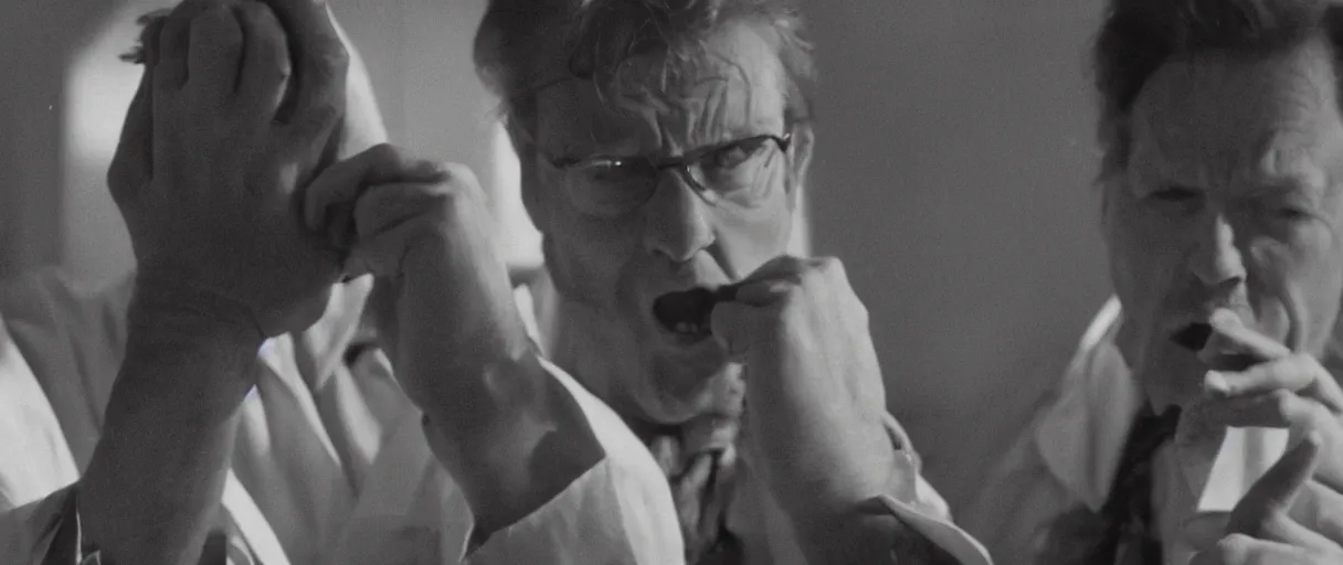 Image similar to filmic dutch angle movie still 4k UHD 35mm film color photograph of a screaming horrified doctor looking down at his wrist, his hand has been completely mangled