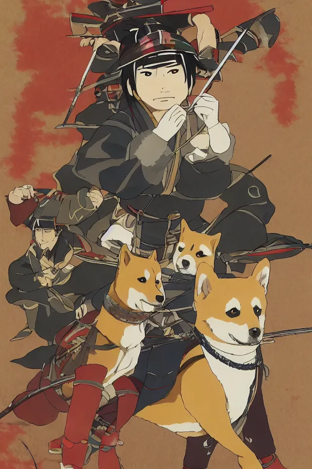 Image similar to a portrait of shiba inus as samurai and warriors, in the art style of studio ghibli, miyao hayazaki, artistic 4 k