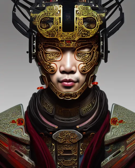 Image similar to portrait of a chinese masculine male cyberpunk machine, machine face, upper half portrait, decorated with chinese opera motifs, muscular, asian, fine china, wuxia, traditional chinese art intricate intense elegant 京 剧 highly detailed digital painting artstation concept art smooth sharp focus illustration, art by artgerm and greg rutkowski alphonse mucha 8 k