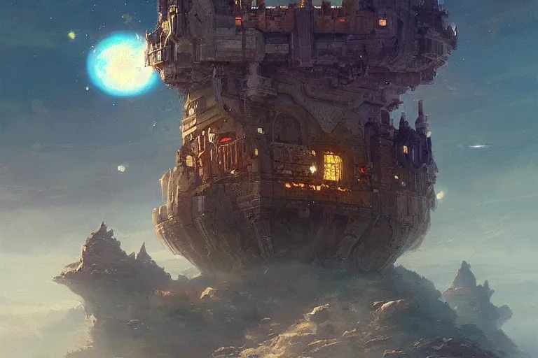 Prompt: floating castle in space, beautiful painting, greg rutkowski, james gurney, artstation.