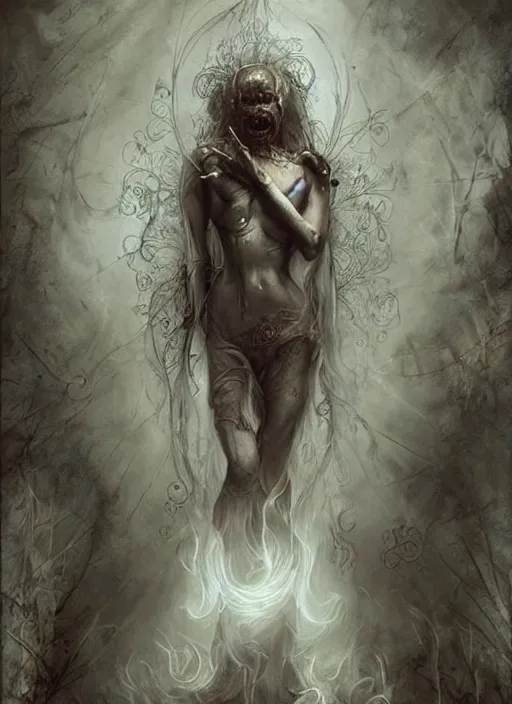 Image similar to a horror tarot card design with intricate details of soul leaving the body :: bastien lecouffe deharme