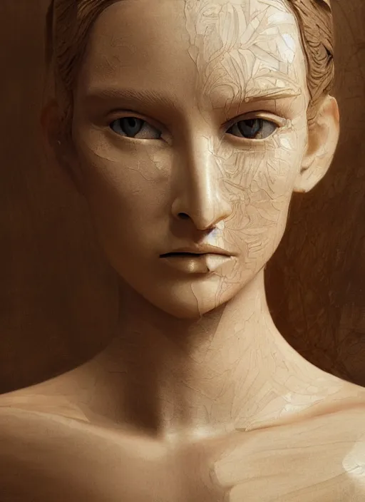 Image similar to sculpture made of wood, portrait, female, future, harper's bazaar, vogue, magazine, intricate, cinematic lighting, concept art, close up, ornate, luxury, elite, elegant, trending on artstation, by ruan jia, by Kenneth Willardt, by ross tran, by WLOP, by Andrei Riabovitchev,