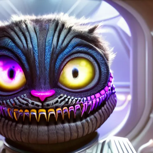 Prompt: Anthropomorphic alien Cheshire cat in the cabin of the spacecraft navigating through the epic space battle. Star Trek movie style, ultra realistic, 8k, highly detailed, digital art