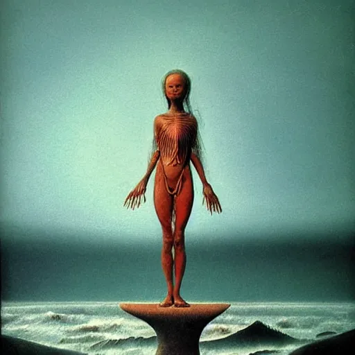 Image similar to unnerving, ornate by zdzislaw beksinski, by chris uminga naturalism. the kinetic sculpture of a young girl in a traditional hula outfit. she is standing on a surfboard in front of a beautiful ocean landscape.