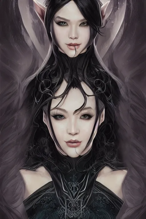 Image similar to elf sorceress character portrait wearing black silk looking over one shoulder, concept art, intricate details, highly detailed photorealistic portrait in the style of adam hughes, seseon yoon, artgerm and warren louw