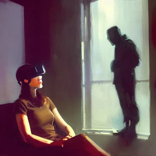 Image similar to rachael in vr helmet sitting next to deckard from bladerunner by jeremy mann and edward hopper