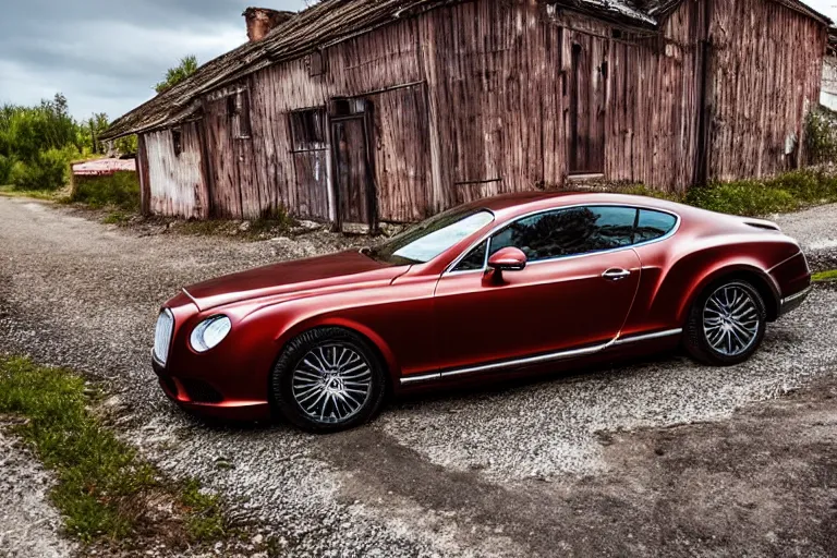 Image similar to modern rusty Bentley Continental GT without gloss no reflections drives along the road of an old Russian village with houses at the edges