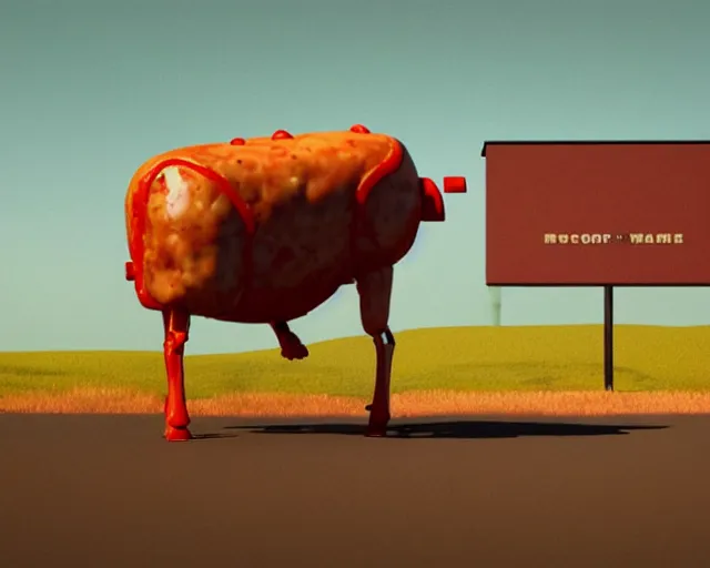 Image similar to Anthropomorphic Animatronic walking beef machine made of meat, painting by Grant Wood, 3D rendering by Beeple, directed by Wim Wenders, cinematography by Robby Müller