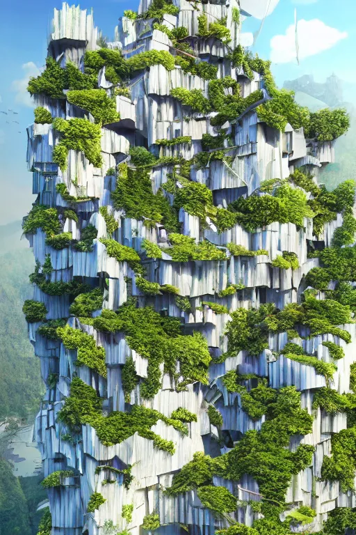 Prompt: 2 d autocad elevation illustration of an awesome sunny day environment concept art on a cliff, nature meets architecture by kengo kuma, gediminas pranckevicius with village, residential area, mixed development, highrise made up staircases, balconies, full of glass facades, cgsociety, fantastic realism, artstation hq