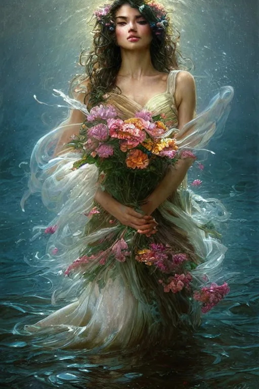 Image similar to portrait of a beautiful mysterious woman holding a bouquet of flowing flowers, wet dripping long hair, hands hidden under the bouquet, emerging from the water, fantasy, regal, intricate, by stanley artgerm lau, greg rutkowski, thomas kindkade, alphonse mucha, loish, norman rockwell