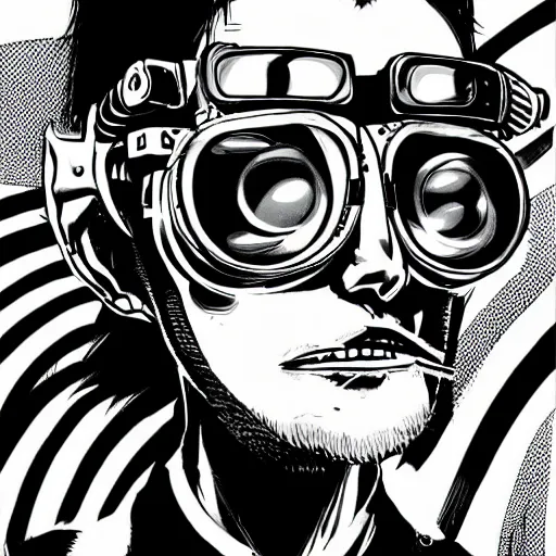 Image similar to close up portrait of a cyberpunk goth guy wearing goggles and eccentric jewelry, by jamie hewlett, jamie hewlett art,