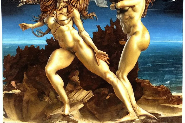 Prompt: The Birth of Venus repainted by Simon Bisley, extreme muscle tone, dramatic pose, cybernetically enhanced, cyberpunk, augmented human, by da Vinci, by HR Giger