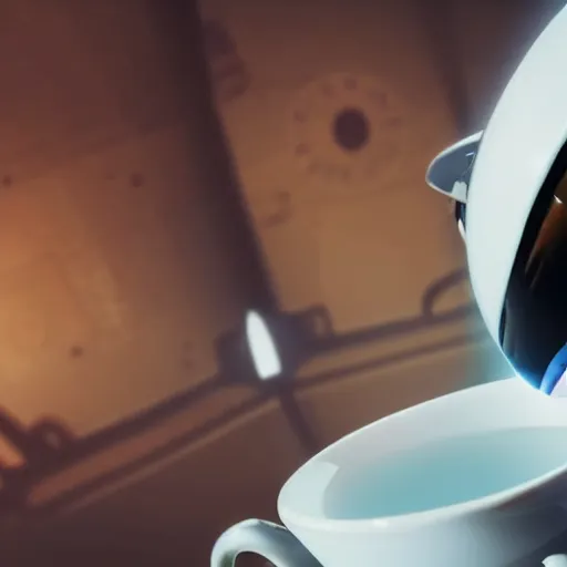 Image similar to photo of glados ( from portal ) drinking tea, realistic, sharp focus