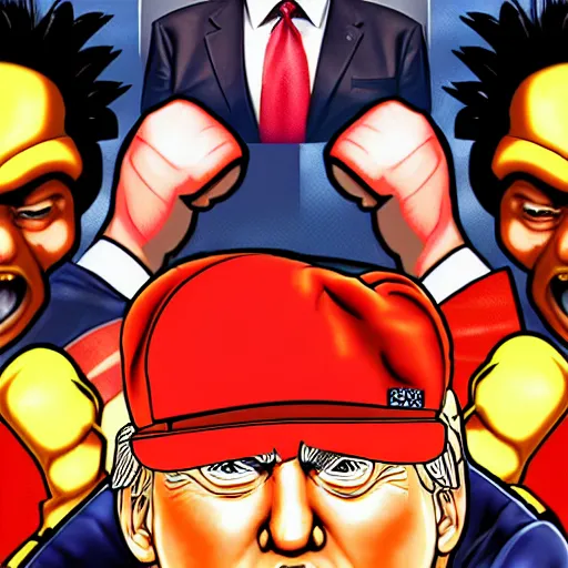 Image similar to xi jinping vs donald trump, street fighter, fight, fistfight, digital art