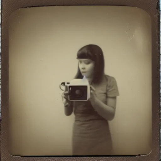 Prompt: a very beautiful old polaroid picture of a young women inside a coffee shop, award winning photography