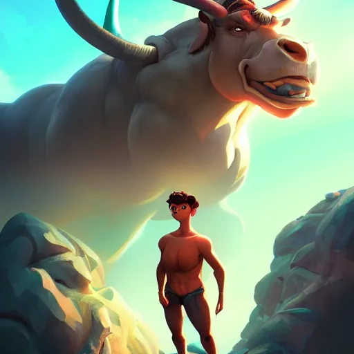 Image similar to Portrait of a Minotaur, mattepainting concept Blizzard pixar maya engine on stylized background splash comics global illumination lighting artstation lois van baarle, ilya kuvshinov, rossdraws