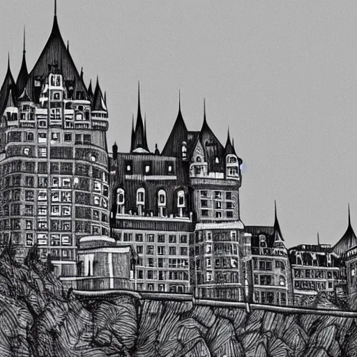 Prompt: Chateau Frontenac, devianart, lineart