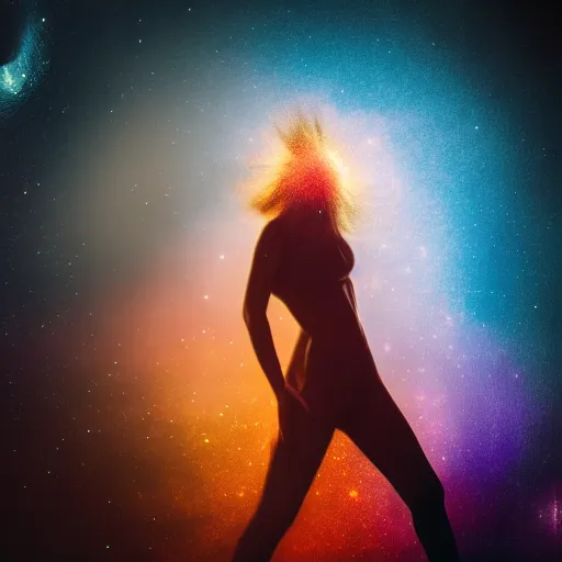 Image similar to a women with half of it's body turning into a cosmic dust, space, award winning photography, hdr, studio lighting medium close shot,
