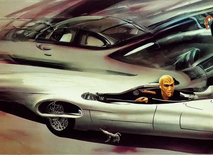 Prompt: ( ( ( ( ( jaguar e - type car, car concept art, sci - fi illustration, painting, in the style of danger diabolik 1 9 6 8 ) ) ) ) ) by vincent di fate and john berkey and danger diabolik!!!!!!!