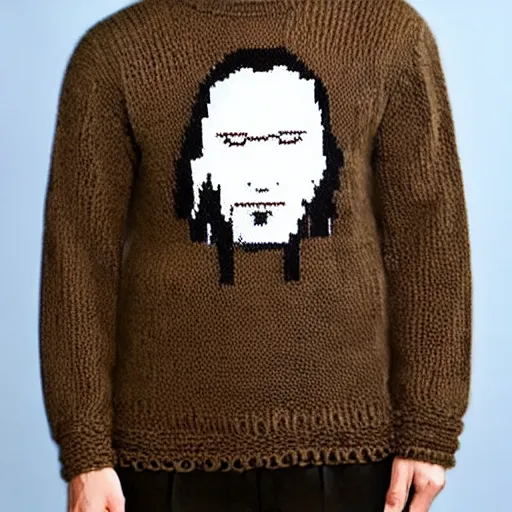 Image similar to a hand knit wool sweater with an keanu reeves face pattern