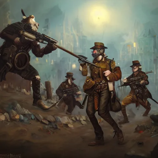 Image similar to oil painting of anthropomorphized hamster legion holding rifles, steampunk clothes, steampunk city background, sharp focus, fantasy style, octane render, volumetric lighting, 8k high definition, by greg rutkowski, highly detailed, trending on art Station, dungeons and dragons artwork, centered