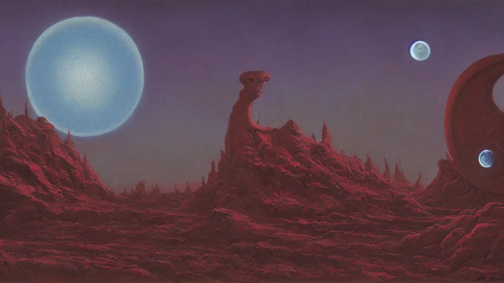 Image similar to mysterious whimsical sculpture of an alien crescent moon by paul lehr and john schoenherr and john harris, cinematic matte painting