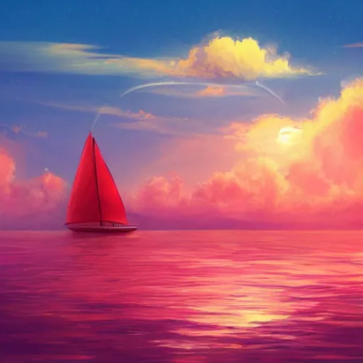 Image similar to a small sailboat flying through the sky, fluffy clouds, red-pink sunset, floating, fantasy, concept art, illustration, artstation award, bright