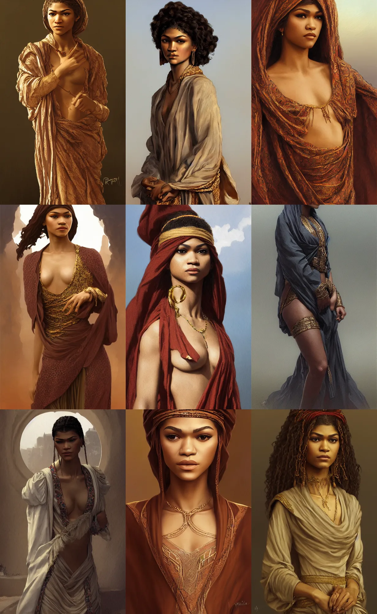 Prompt: zendaya as libyan female, ecru cloth, intricate, elegant, highly detailed, digital painting, artstation, concept art, smooth, sharp focus, illustration, art by rutkowski, orientalism, bouguereau