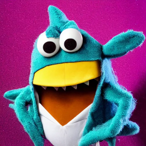 Image similar to a chibi plush goth mantaray muppet, in the style of the muppets, with character design by spongebob the musical on broadway, real, photograph, cinematic