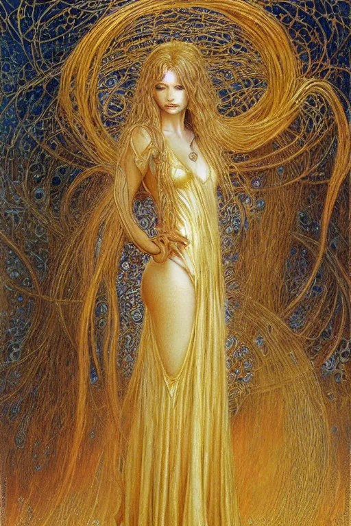 Image similar to portrait of tomboy in golden dress, fantasy, intricate, jean delville, luis royo