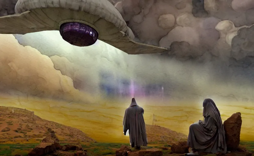 Prompt: a hyperrealist watercolor concept art of a giant ufo in the sky above gobekli tepe during a thunderstorm. a medieval monk in grey robes is in the foreground. very muted colors, by rebecca guay, michael kaluta, charles vess. high detail, hq, wide shot, 4 k