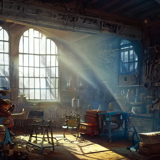 Image similar to A dusty toymaker’s workshop lit by a large glowing window, volumetric atmosphere with dramatic sunlight and shadows, Dean Morrissey and Craig Mullins photo illustration, highly detailed, 8k resolution, hyperrealistic, Maya render.