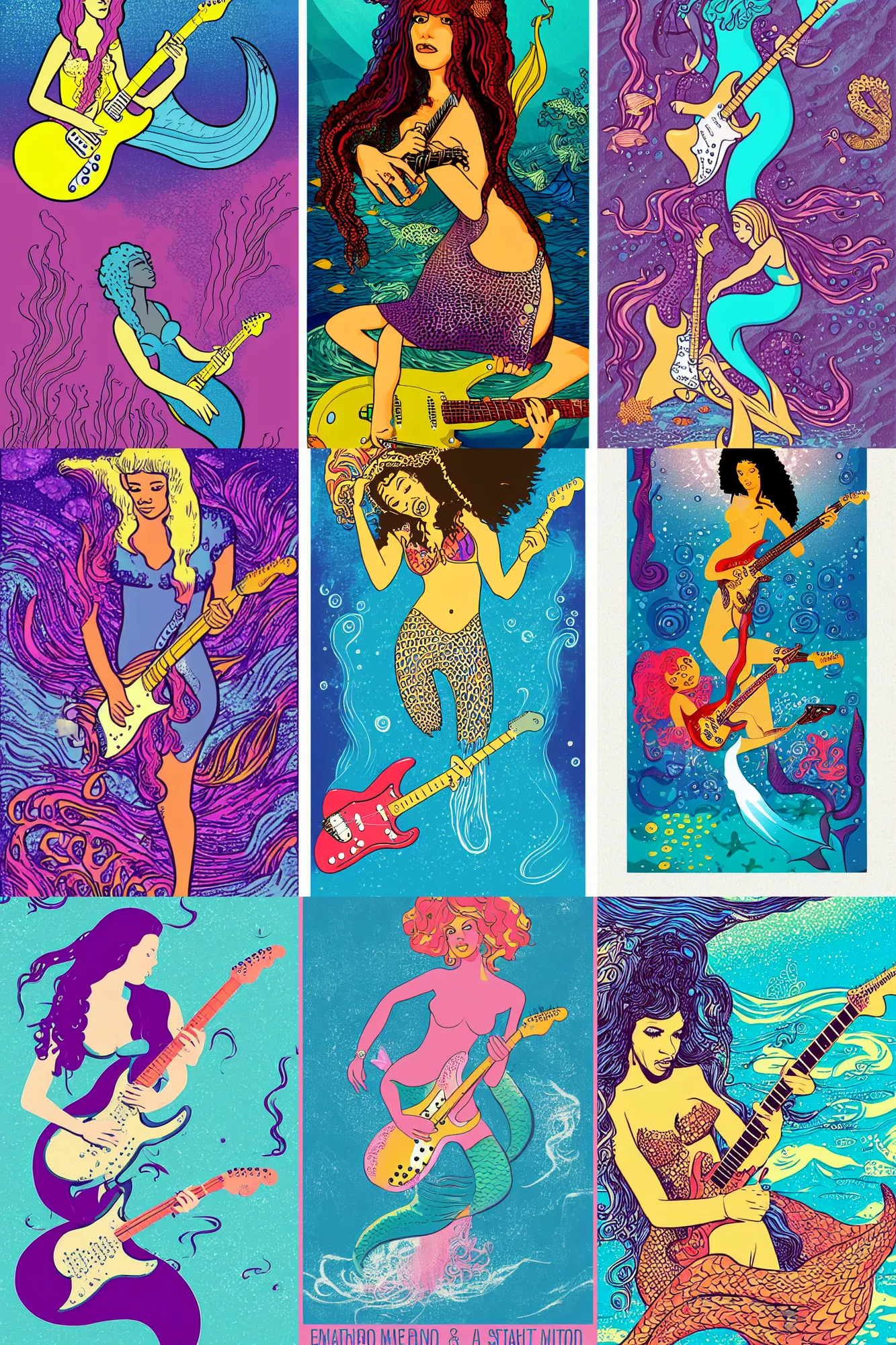 Prompt: illustration of a mermaid playing an stratocaster electric guitar, under the sea, jimi hendrix style poster