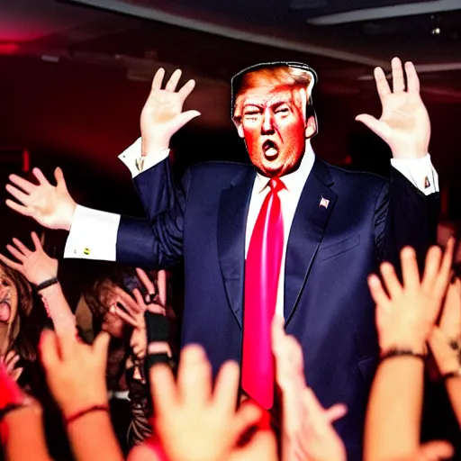 Prompt: trump freaking out on a rave, club photography