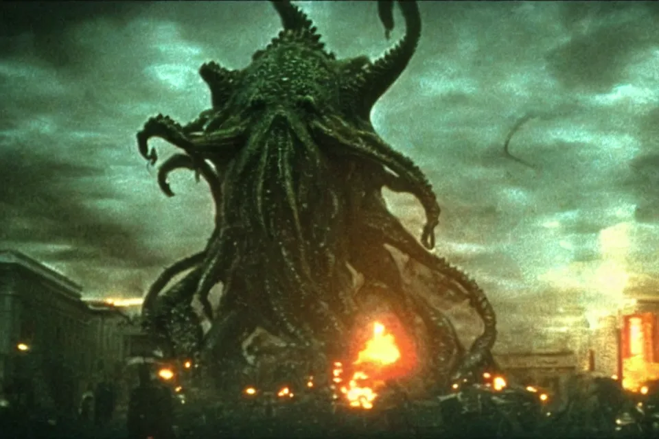 Image similar to still image taken from sci fi horror movie of a cthulhu attacking a city. low camera angle. failure pictures.