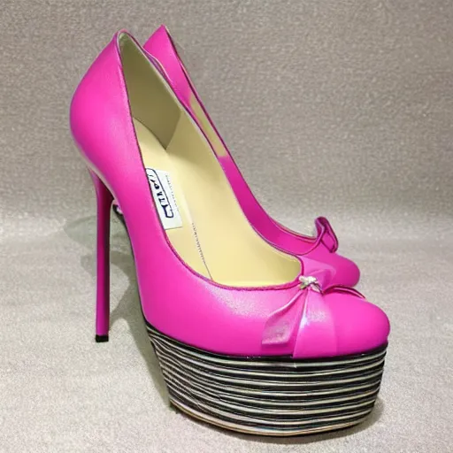 Image similar to pink leather 1 5 cm high heel shoes with 7 cm platform with ribbon to the ankle stripe designed by jimmy choo, photorealistic, beautiful, architecture, clean, highly detailed, 8 k, ornate detail