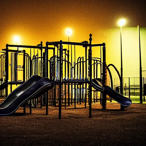 Image similar to nightmare beasts at a playground at night, photograph