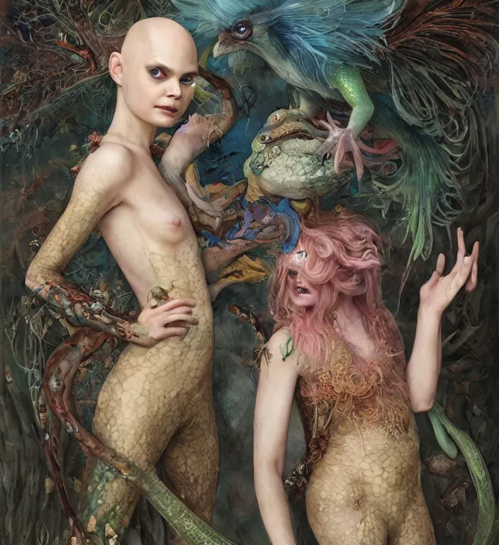 Prompt: a portrait photograph of a bald elle fanning as a colorful harpy super hero with slimy reptile skin. she is trying on a amphibian organic catsuit and transforming into a feathered beast. by tom bagshaw, donato giancola, hans holbein, walton ford, gaston bussiere, peter mohrbacher and brian froud. 8 k, cgsociety