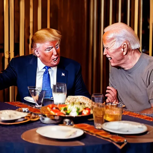 Image similar to donald Trump and joe Biden having dinner at a fancy Balinese restaurant, award winning photography, 85mm, perfect faces