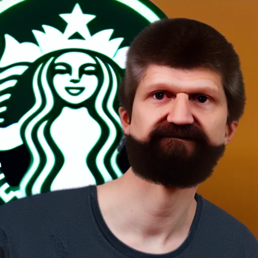 Image similar to ted kaczynski working at starbucks, 4 k, hyper realistic, dslr, landscape, high resolution