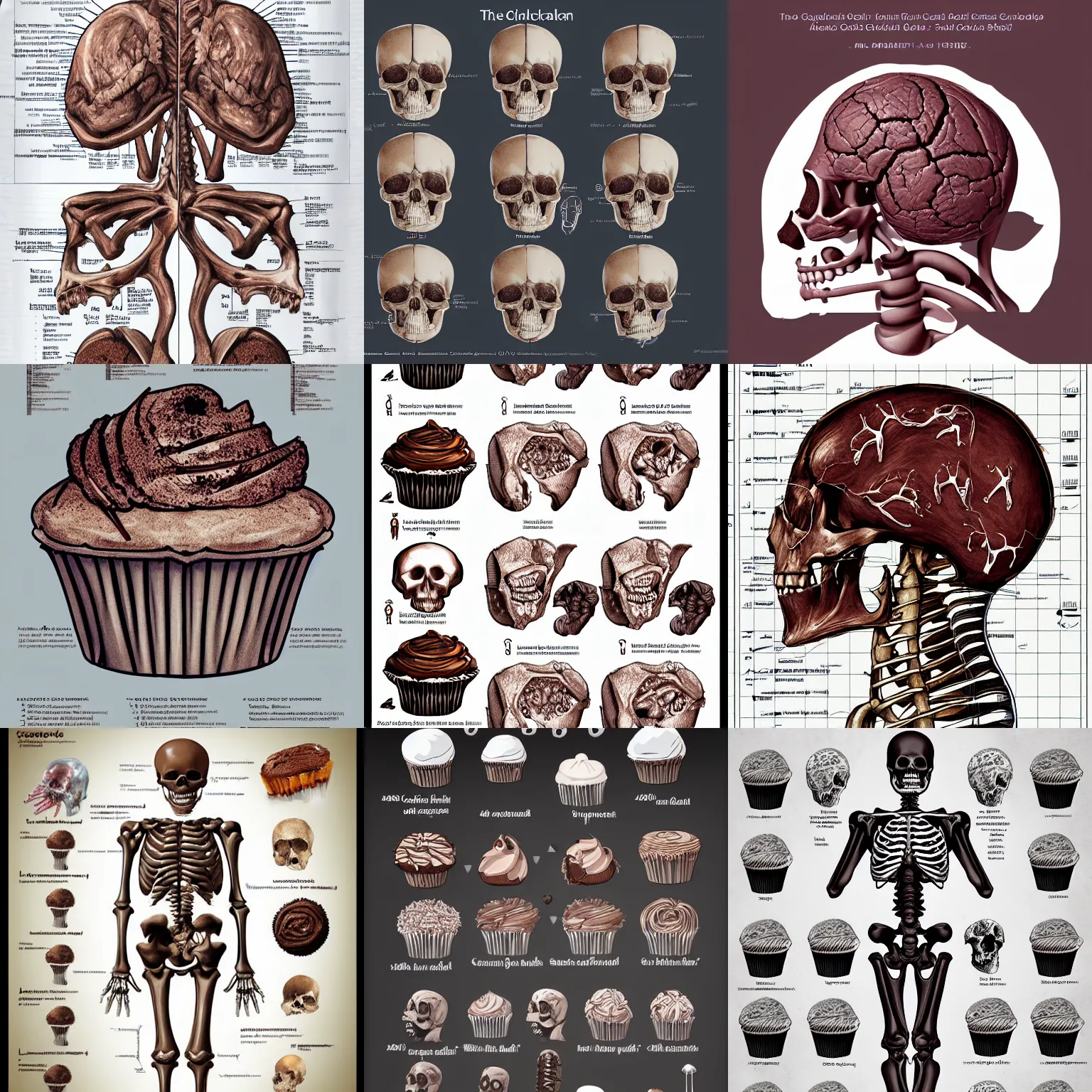 Prompt: the skeletal system of a frosted chocolate cupcake, anatomical chart, artstation