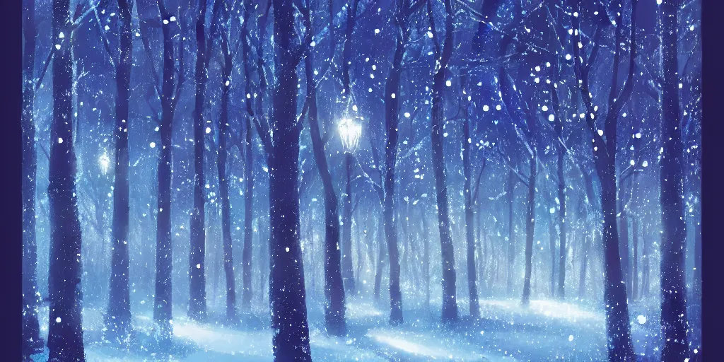 Prompt: high quality illustration of an enchanted magical winter forest::night time, glowing sparkles, mystic lightning::painted by Daisuke Tsutsumi, artstation art