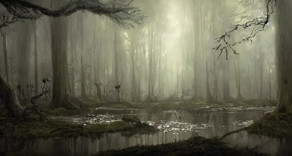 Image similar to A dense and dark enchanted forest with a swamp, by Greg Rutkowski