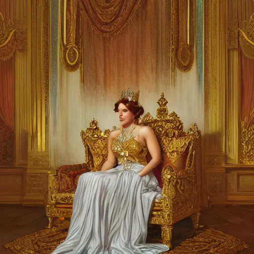 Image similar to kneeling before a proud queen, sitting in a chair while posing for a photo, royal gown, golden detailing, medium shot, intricate, elegant, highly detailed, digital painting, volumetric light, artstation, concept art, smooth, sharp focus, illustration, art by Gil Elvgren and Greg Rutkowski and Alphonse Mucha, 8K