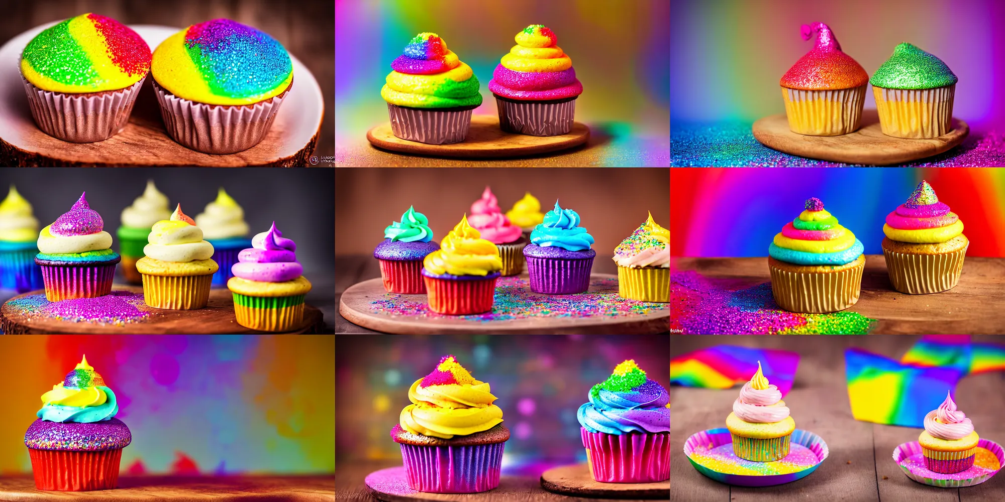 Prompt: dslr food photography of a rainbow coloured cupcake, on a wooden plate, with rainbow coloured creme topping and a glass of rainbow coloured milk on the side, don ´ t forget the glitter, macro shot, hasselblad, 1 0 0 mm f 1. 8, dimmed lightning