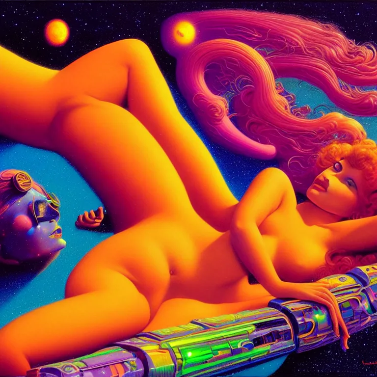 Image similar to cosmic girl, 2 0 yo, reclining close - up, bright neon colors, highly detailed, cinematic, panoramic, tim white, michael whelan, roger dean, bob eggleton, philippe druillet, vladimir kush, kubrick, alfred kelsner, boris vallejo