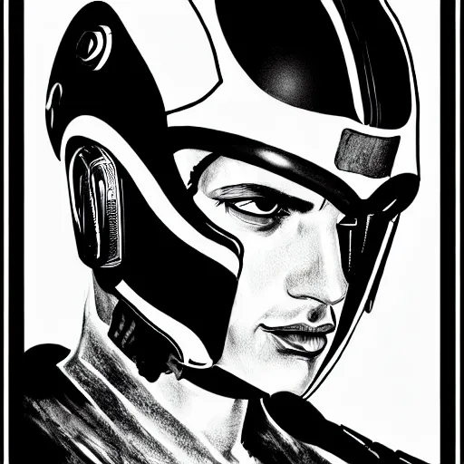 Prompt: black and white Roman Sustov style ink drawing of detailed brutal pilot with detailed face and wearing detailed retrofuturistic costume designed by Roman Sustov and wearing detailed retrofuturistic sci-fi Neural interface designed by Roman Sustov. Vibrant volumetric natural light In style of Roman Sustov.