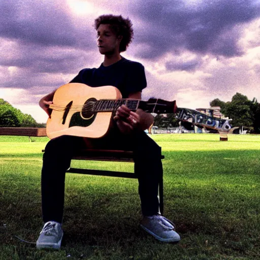 Image similar to 1 9 9 0 s candid 3 5 mm photo of a man sitting on a bench in a park playing guitar, cinematic lighting, cinematic look, golden hour, the clouds are epic and colorful with cinematic rays of light, photographed by petra collins, uhd